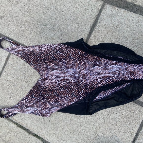 Vintage brown Snakeskin and Black Mesh One-Piece bathing suit Open Back swim - Picture 1 of 3